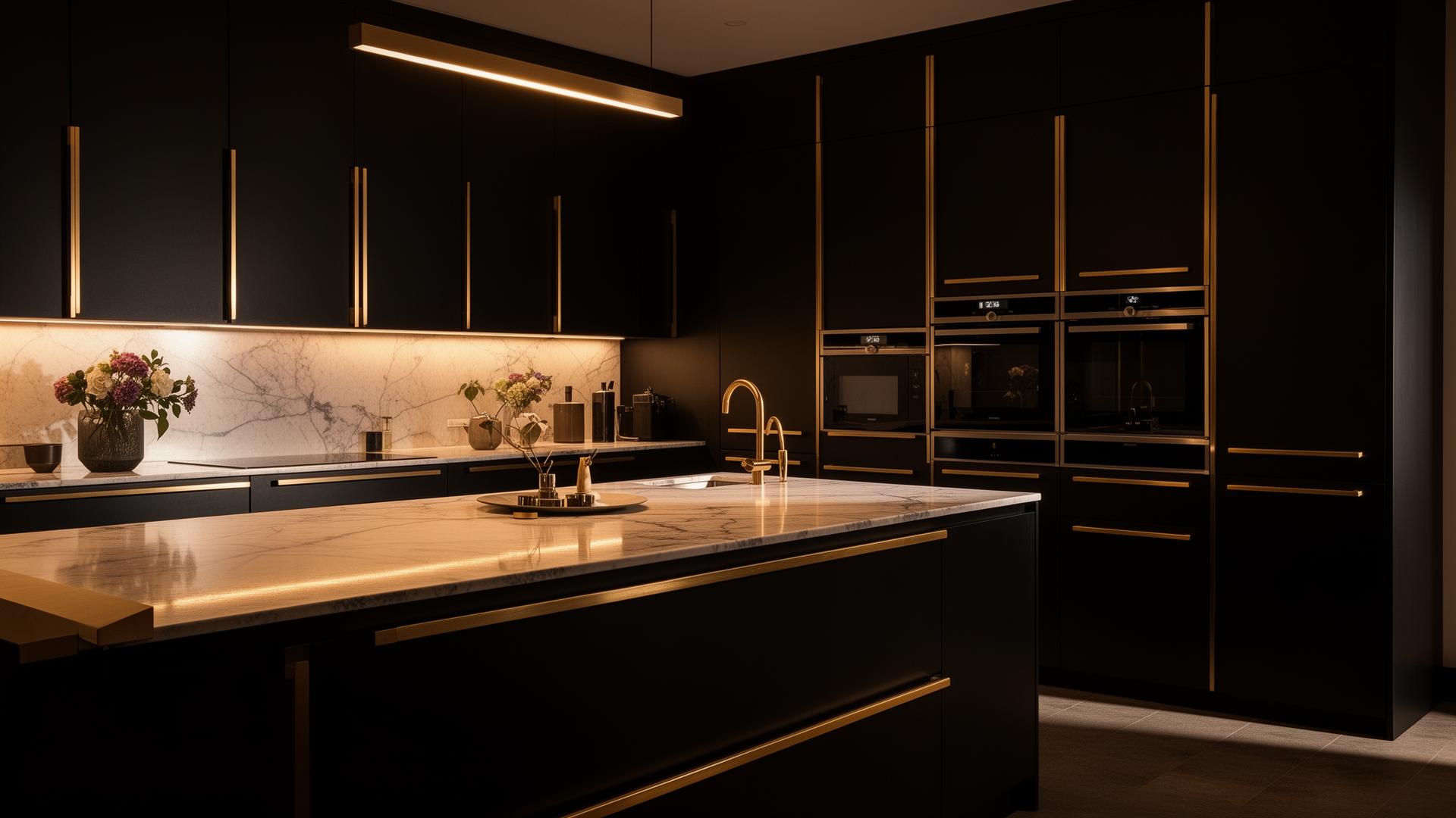Cozinha planejada preta com detalhes em dourado